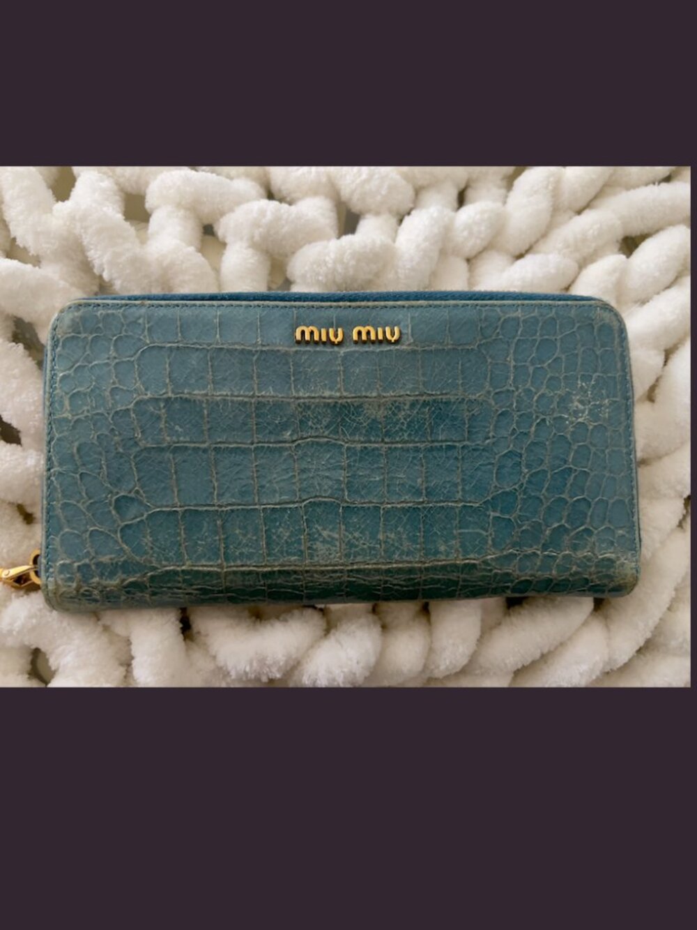 Miu Miu Continental Croc Embossed Zip Wallet Rare Verde Petrolio Authentic
